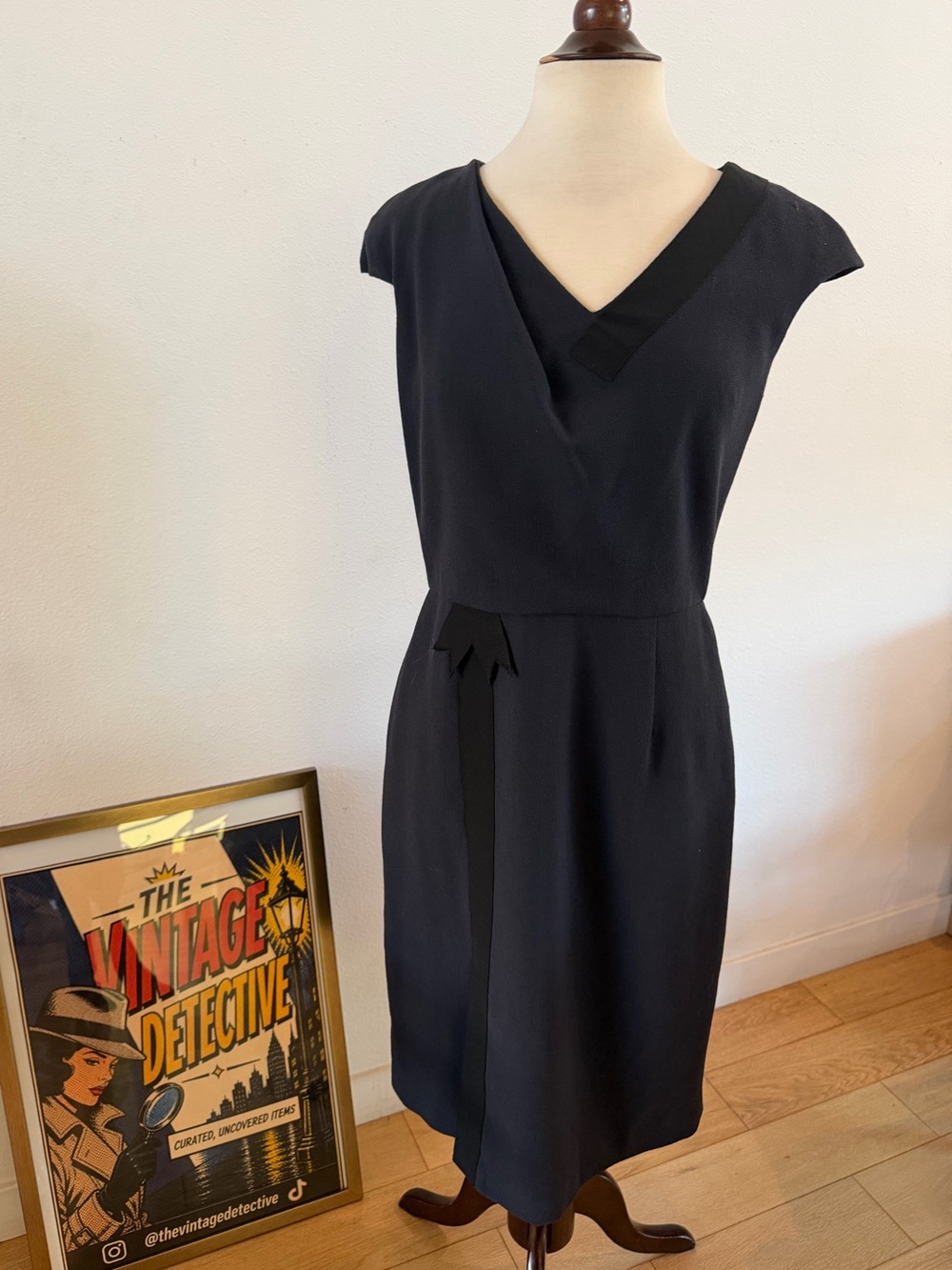 Vintage Carolina Herrera Navy Blue Dress with Black Grosgrain Ribbon. Size 8